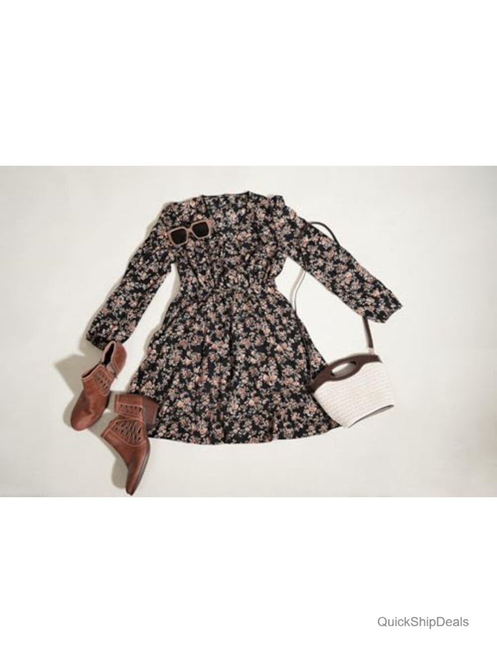Floral Ruffle Mini Dress Surplice V Neck Peasant Sleeve Casual Fall Vacation - Picture 4 of 6